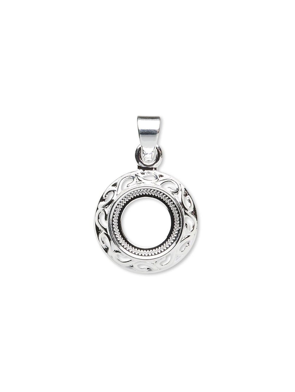 Sterling Silver Plated Art Deco Filigree 10mm Round Cabochon Pendant Setting